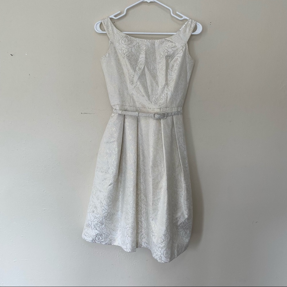 Sleeveless Ivory Floral Jacquard Fit & Flare Dress with Belt